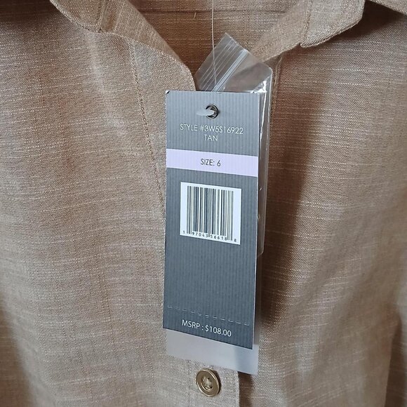 BNWT Tan button-down pleated dress with tie waist and 3/4 sleeves in size 6 - Picture 4 of 7